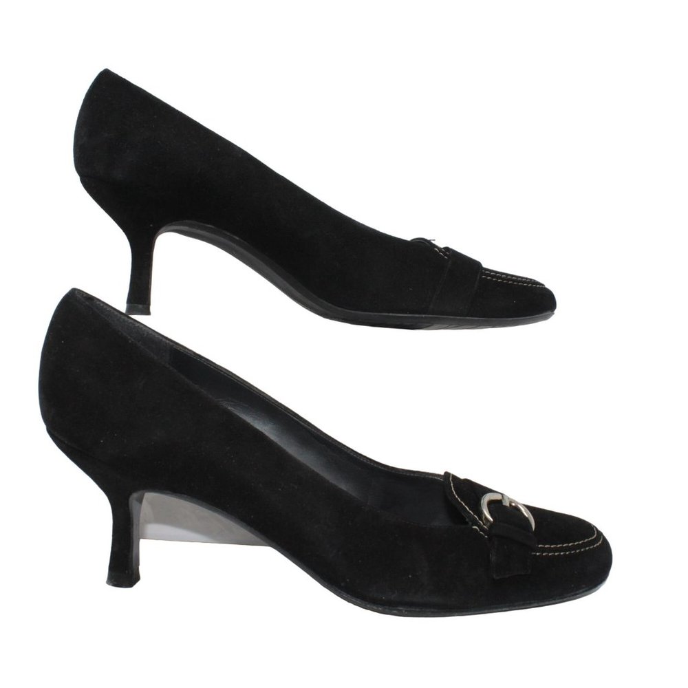 Stuart Weitzman Size 9M Black Suede Leather Madeline Buckle Detail Kitten Heels - Picture 6 of 11